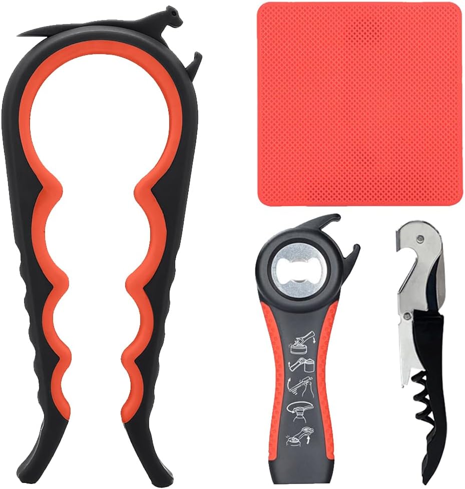 Otstar 6-in-1 Jar Opener & Bottle Opener Set for Weak Hands - Multi-Function Kitchen Opener Tool for Seniors with Arthritis. Elderly - Includes Jar Lid Gripper Pad. Corkscrew Opener