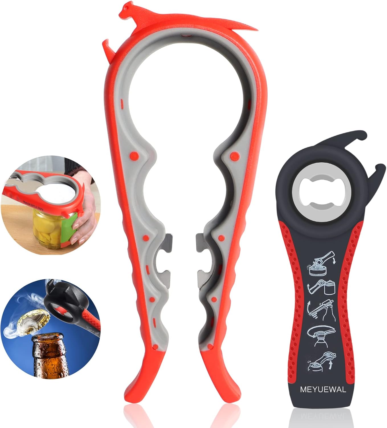 Jar Opener. 5 in 1 Multi Function Can Opener Bottle Opener Kit with Silicone Handle Easy to Use for Children. Elderly and Arthritis Sufferers (Apple Red)